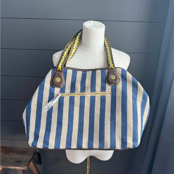 Big Buddha Swesley Blue and White Striped Tribal Tote Bag - Picture 2 of 13